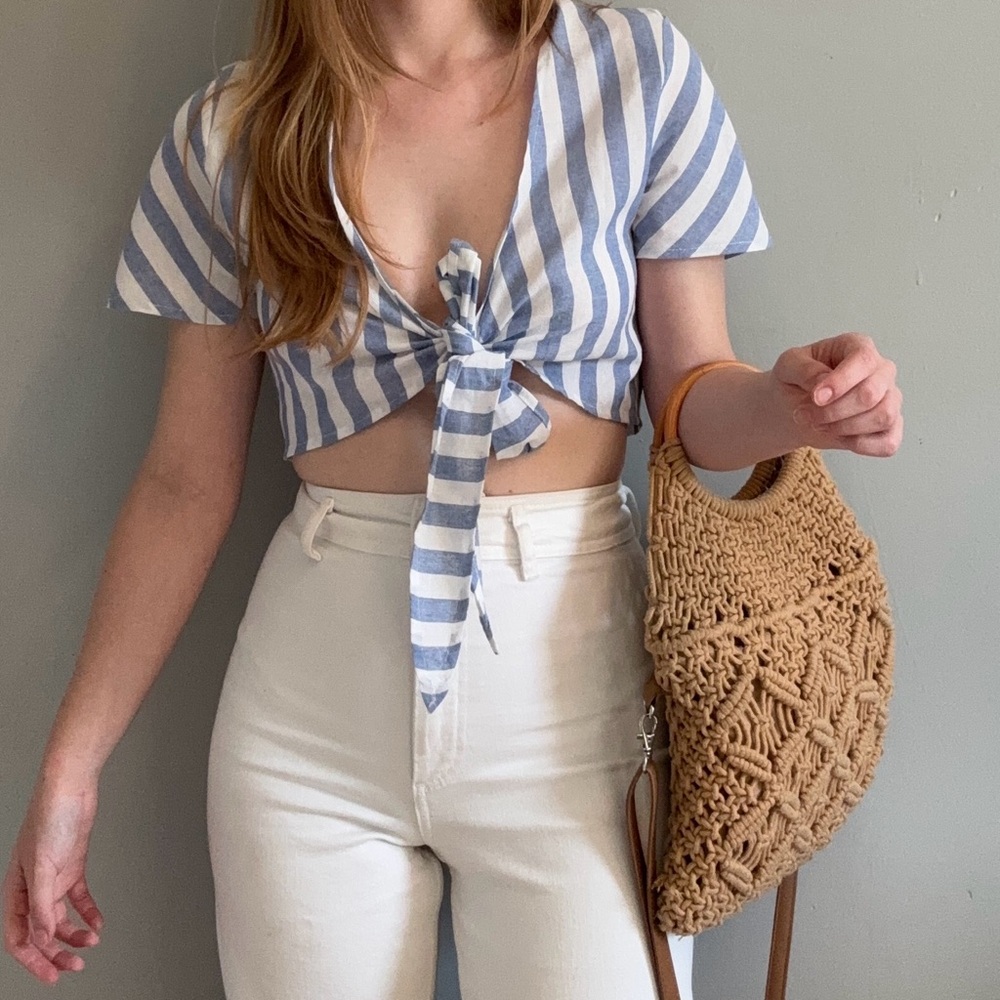 SHEIN Nautical Front Tie Stripe Blouse Top - Picture 1 of 5